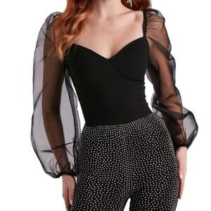 Whisper Blouse Women's Small Black Long Puff Chiffon Sleeves‎ Sweetheart Neck